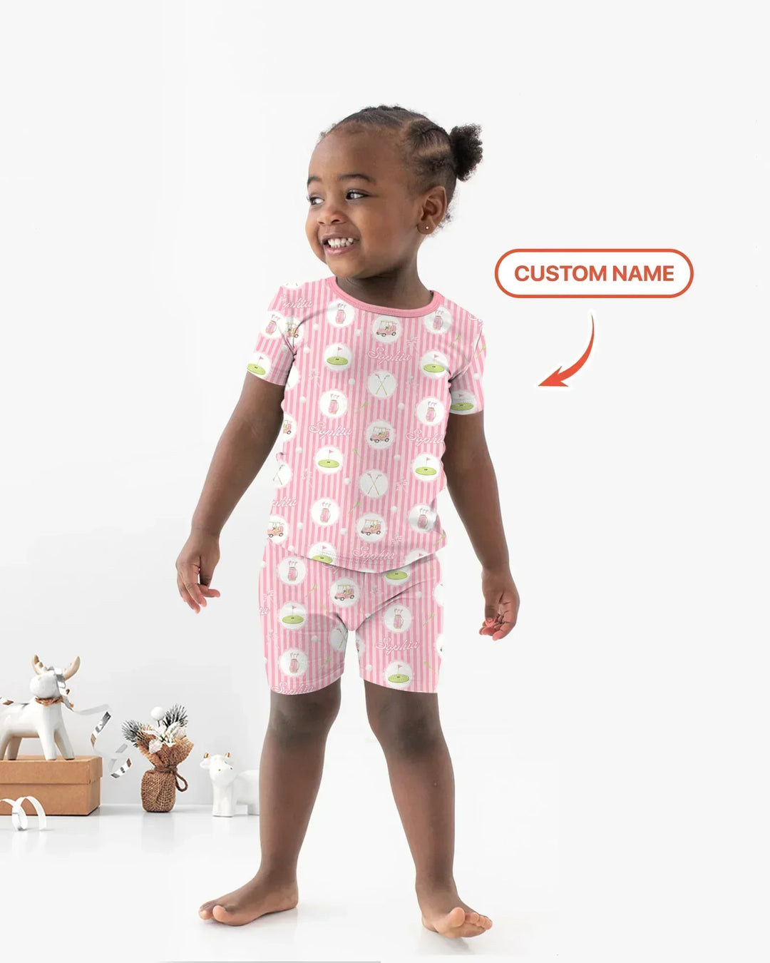 Custom Name Pink Golf Girl Bamboo Two Piece Short Sleeve Shorts Pajama Set