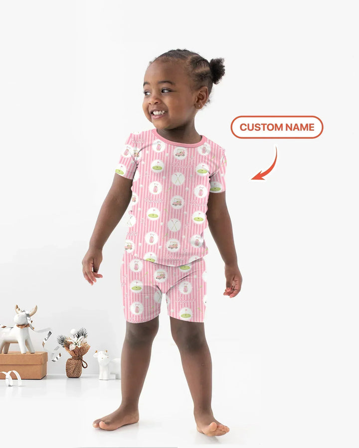 Custom Name Pink Golf Girl Bamboo Two Piece Short Sleeve Shorts Pajama Set