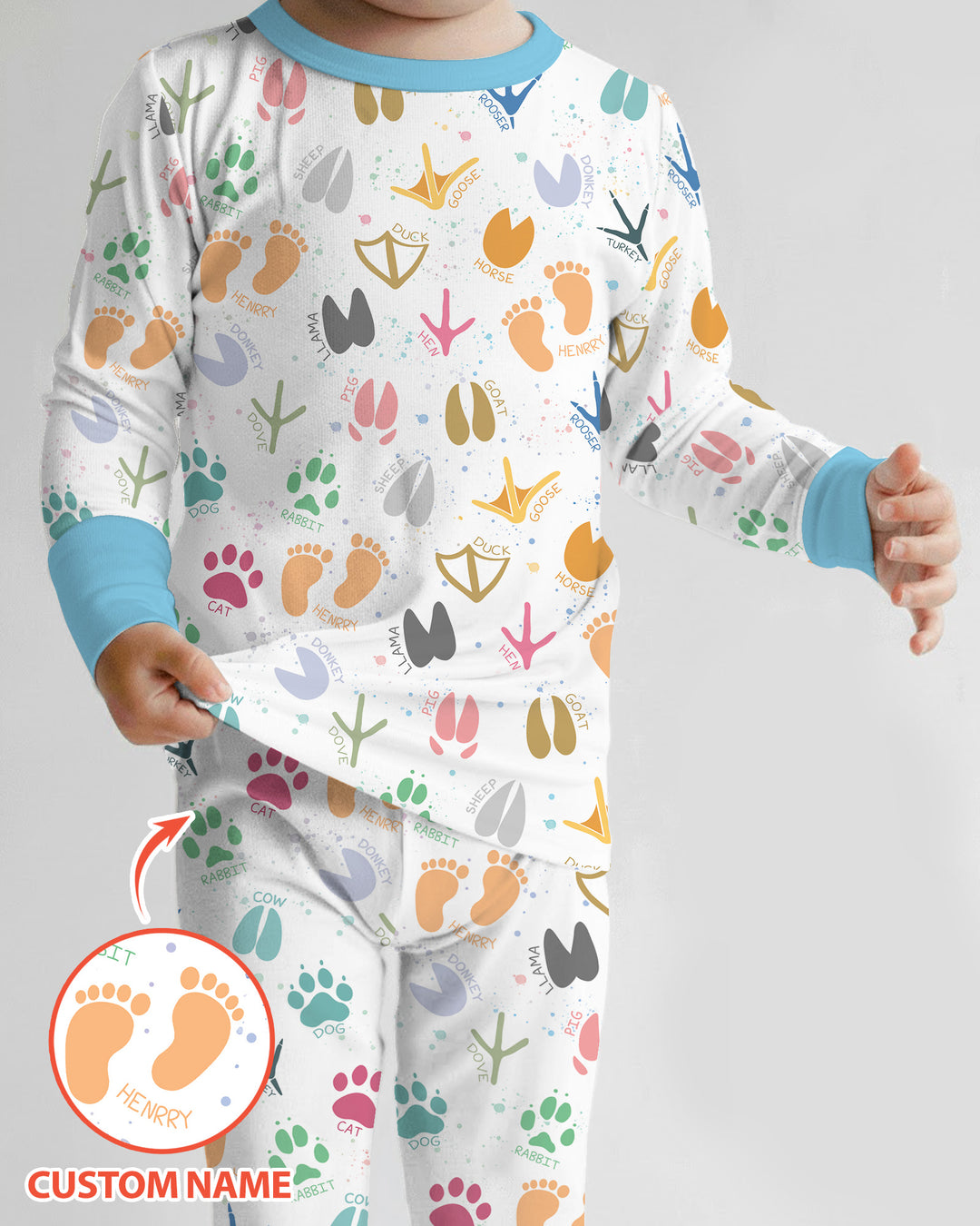 Cute Farm Animal Tracks Custom Name Bamboo Two Piece Long Sleeve Pajama Set