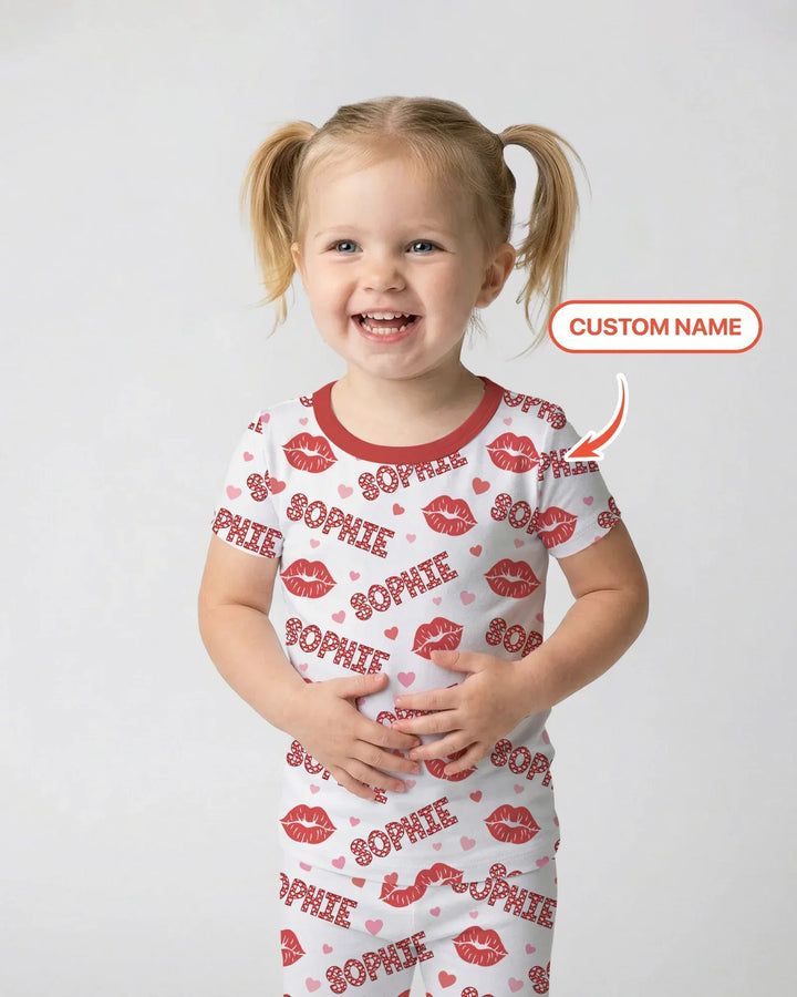 Custom Name Valentine Kiss Bamboo Two Piece Short Sleeve Pajama Set
