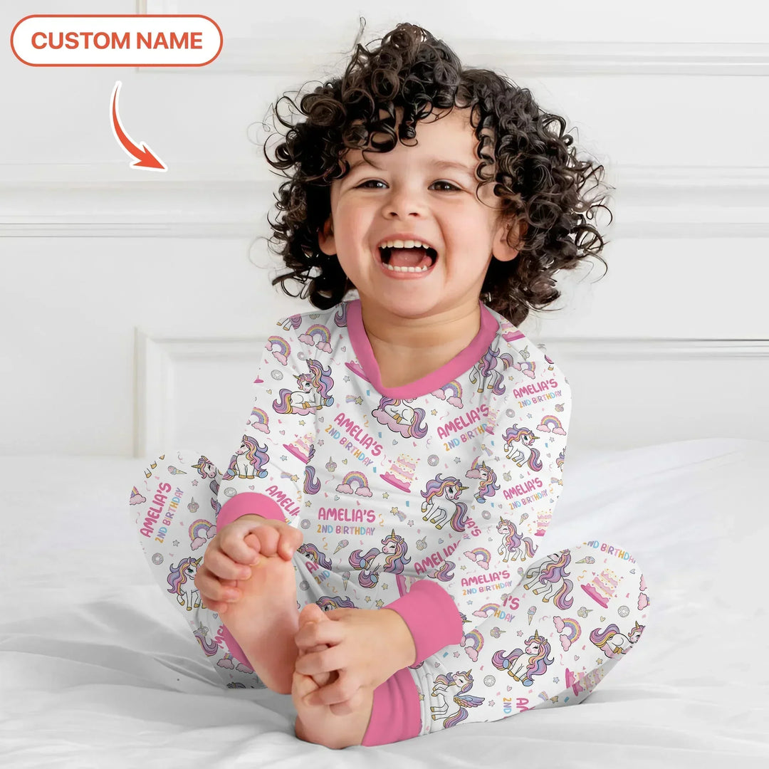 Custom Name Little Unicorn's Birthday Bamboo Two Piece Long Sleeve Pajama Set