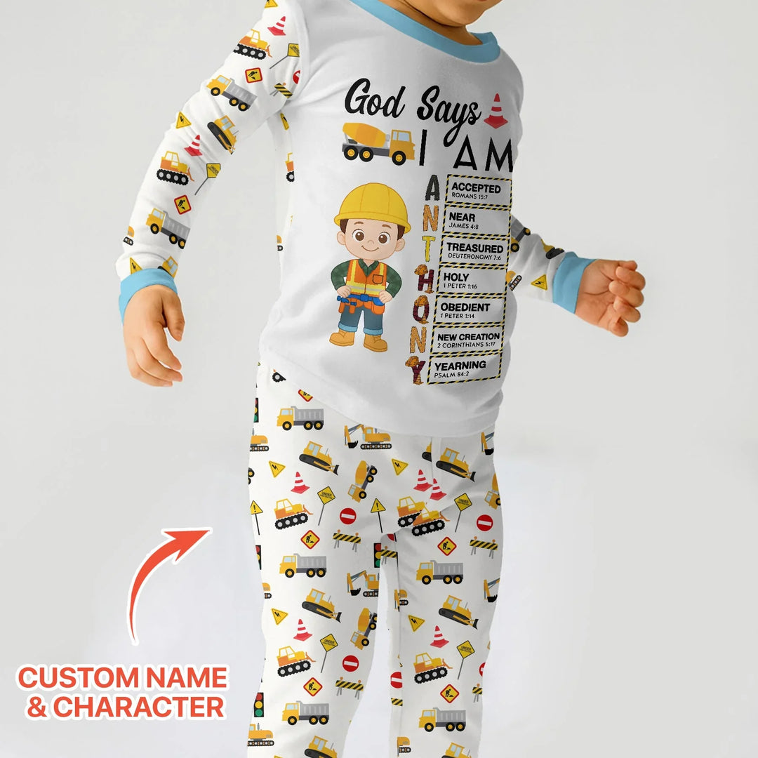Custom Name God Says I Am Little Builder Letter in Bible Bamboo Two Piece Long Sleeve Pajama Set