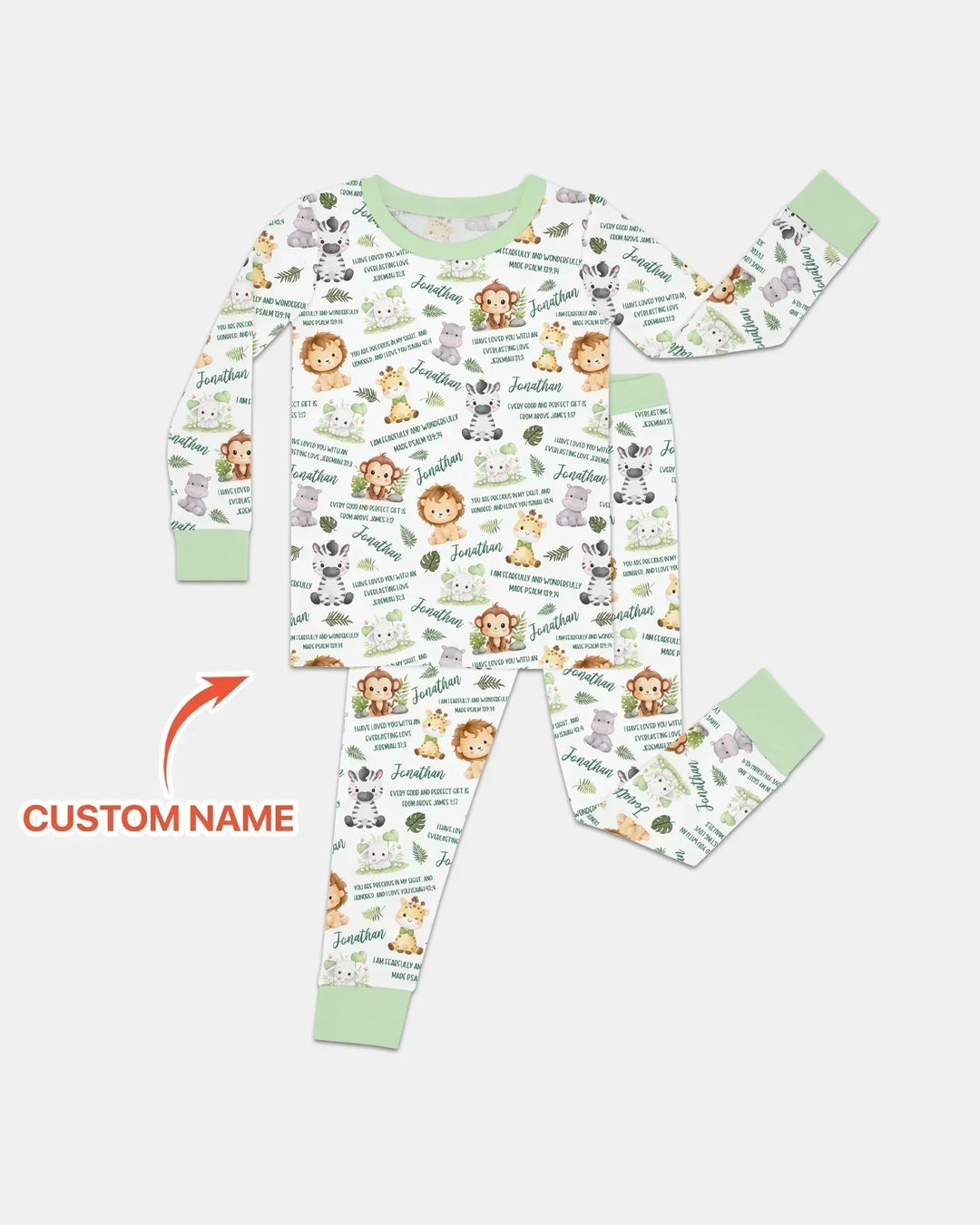 Custom Name Bible Verse Safari Animal Bamboo Two Piece Long Sleeve Pajama Set