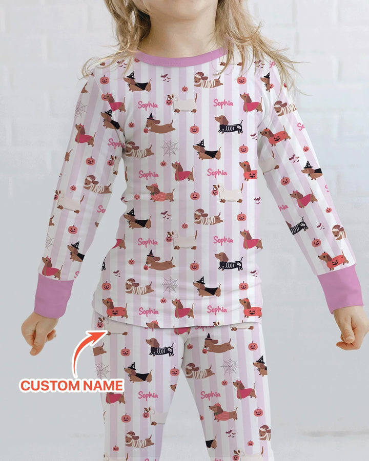Custom Name Boo Crew Halloween Dachshund  Bamboo Two Piece Long Sleeve Pajama Set