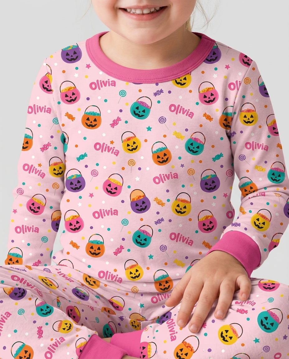 Custom Colorful Trick Or Treat Halloween Candy Bag Bamboo Two Piece Long Sleeve Pajama Set