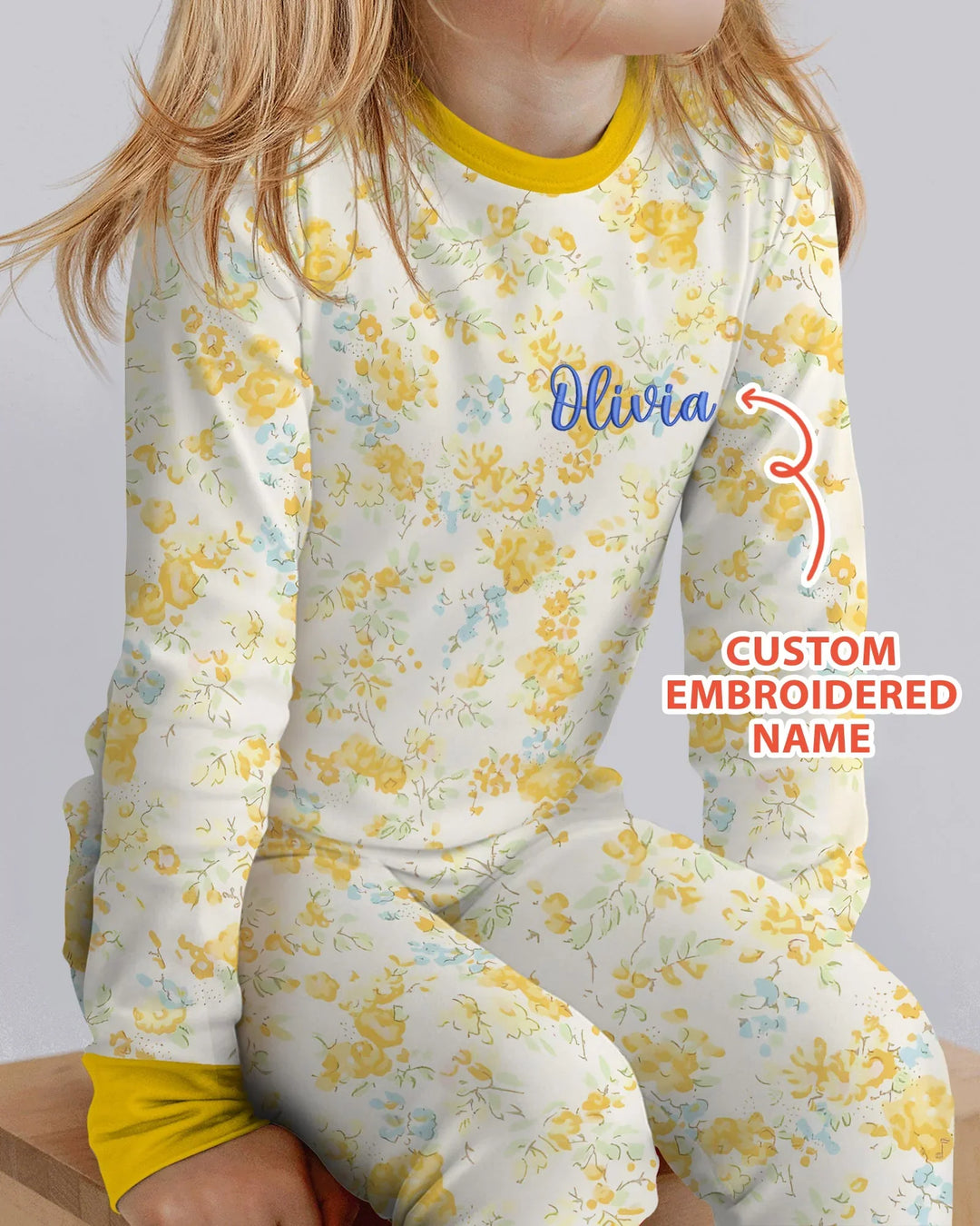 Custom Name Embroidered Floral Bamboo Two Piece Long Sleeve Pajama Set