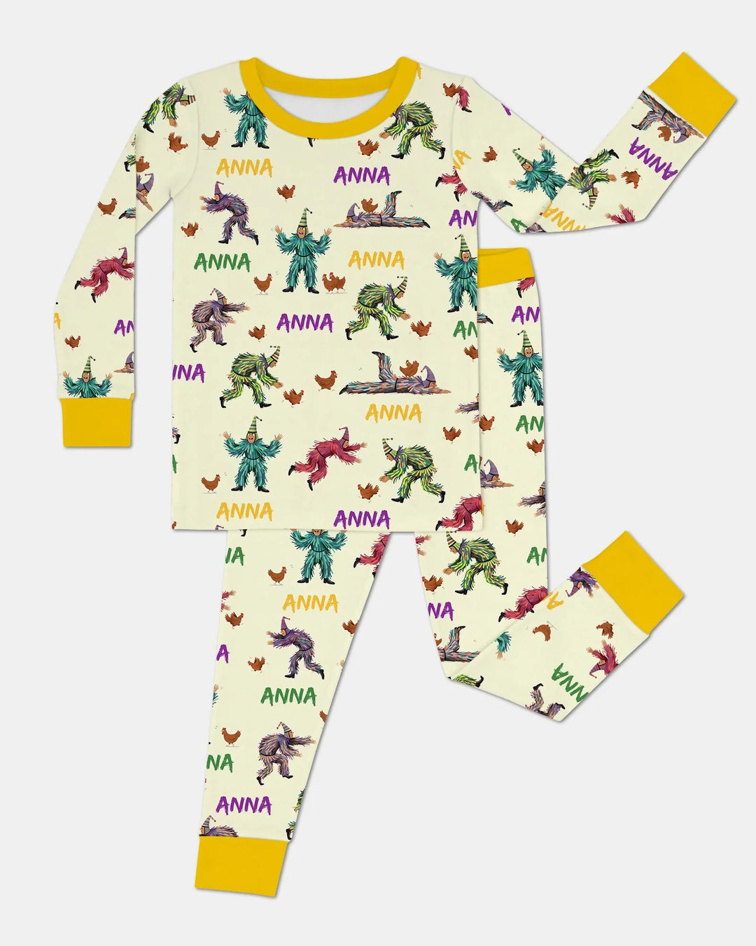 Custom Name Mardi Gras Chicken Chase Family Matching Bamboo Two Piece Long Sleeve Pajama Set