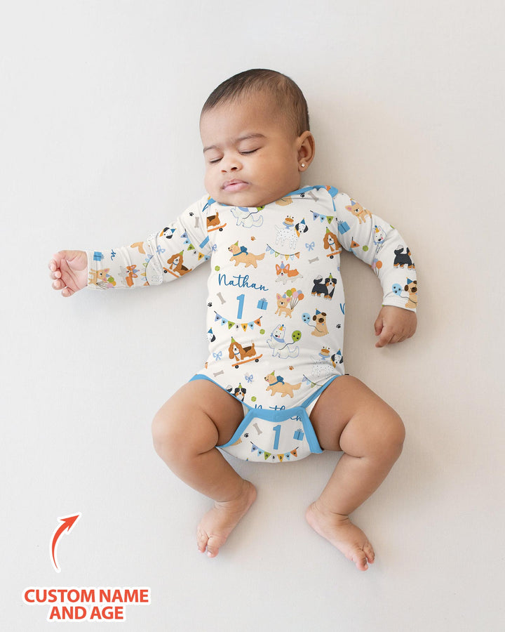 Custom Name Birthday Dogs Party Bamboo Bodysuit