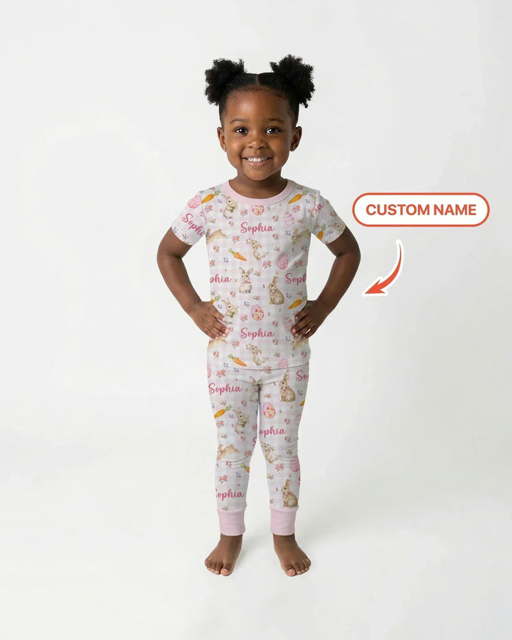 Custom Name Bunny Garden Bamboo Two Piece Short Sleeve Pajama Set