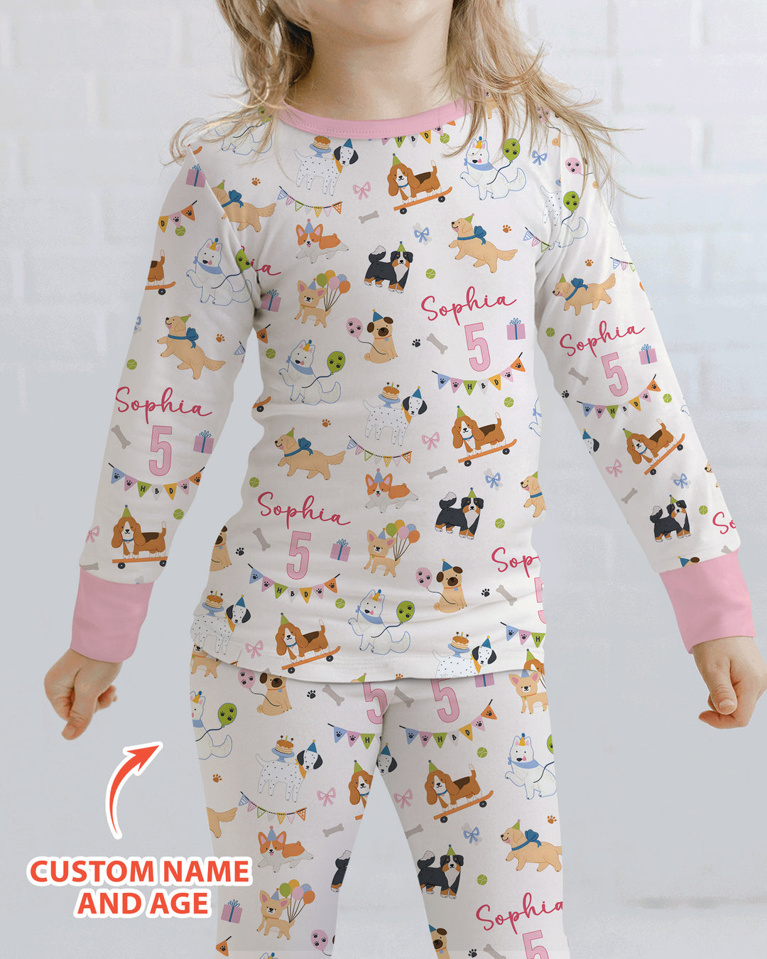 Custom Name Birthday Dogs Party Bamboo Two Piece Long Sleeve Pajama Set