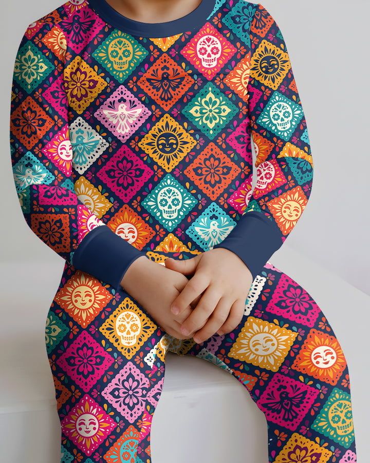 Day of the Dead Colorful Mexican Skull Bamboo Two Piece Long Sleeve Pajama Set