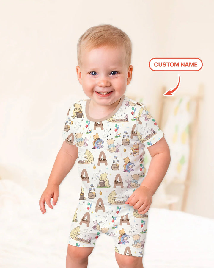 Honey Bear Monogram Bamboo Two Piece Short Sleeve Shorts Pajama Set