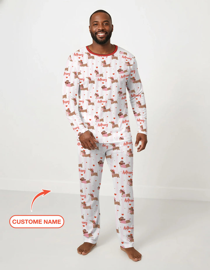 Custom Name Valentine Dachshund Family Matching Bamboo Men's Pajama Set