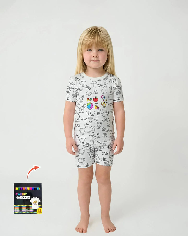 All Colorable Alphabet Bamboo Two Piece Short Sleeve Shorts Pajama Set