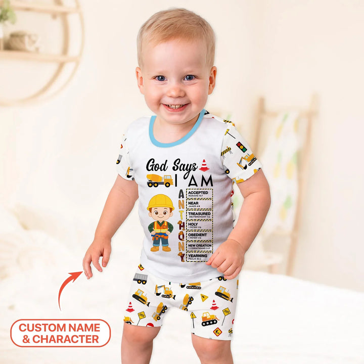 Custom Name God Says I Am Little Builder Letter in Bible Bamboo Two Piece Short Sleeve Shorts Pajama Set