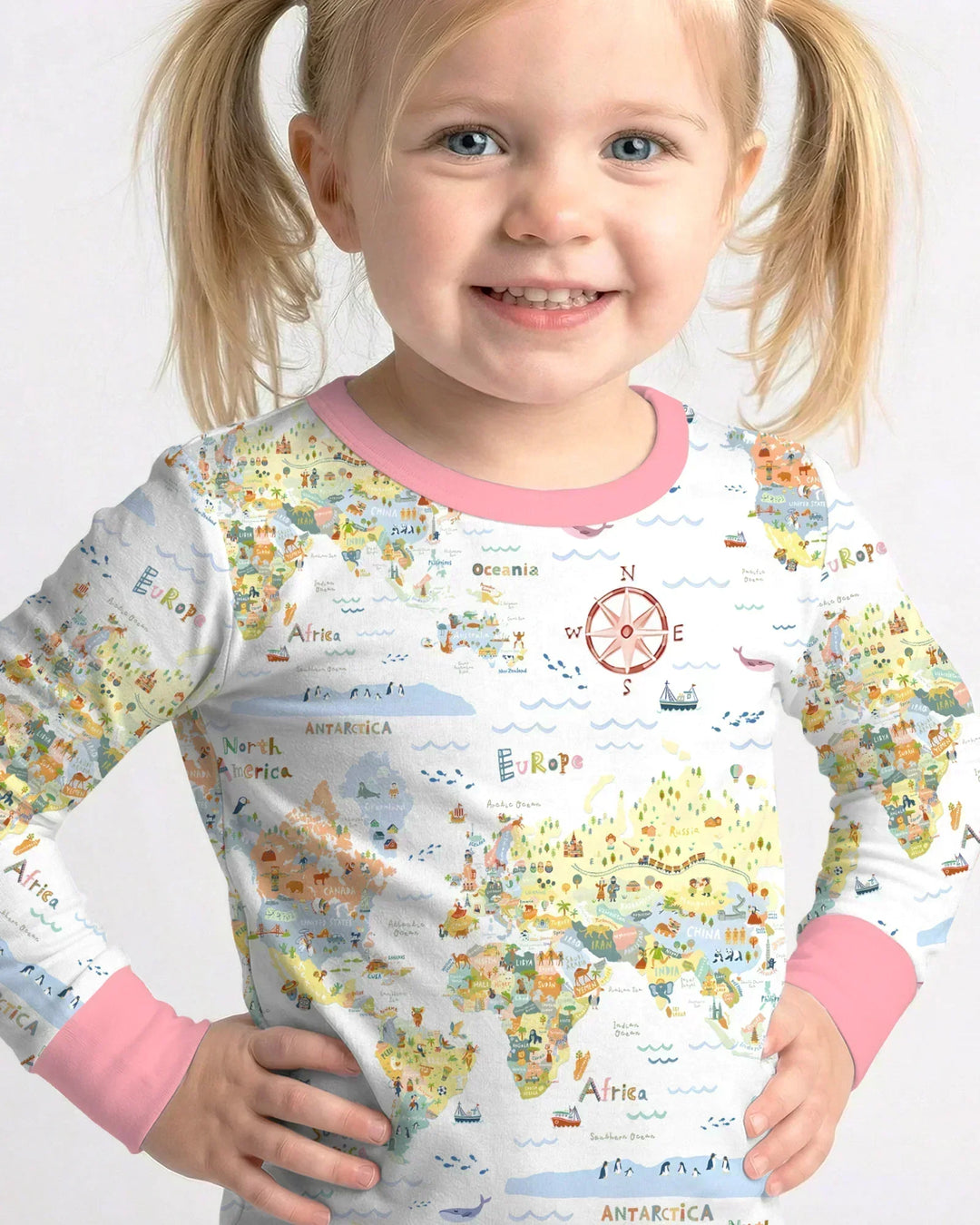 Whimsical World Map Family Matching Bamboo Two Piece Long Sleeve Pajama Set