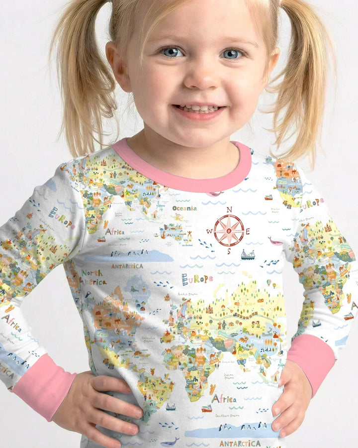Whimsical World Map Family Matching Bamboo Two Piece Long Sleeve Pajama Set