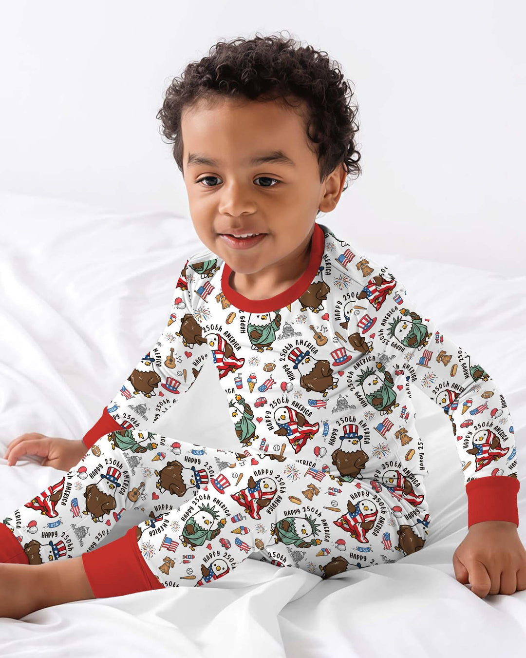 Happy 250th America Cute Patriotic Eagles Family Matching Bamboo Two Piece Long Sleeve Pajama Set