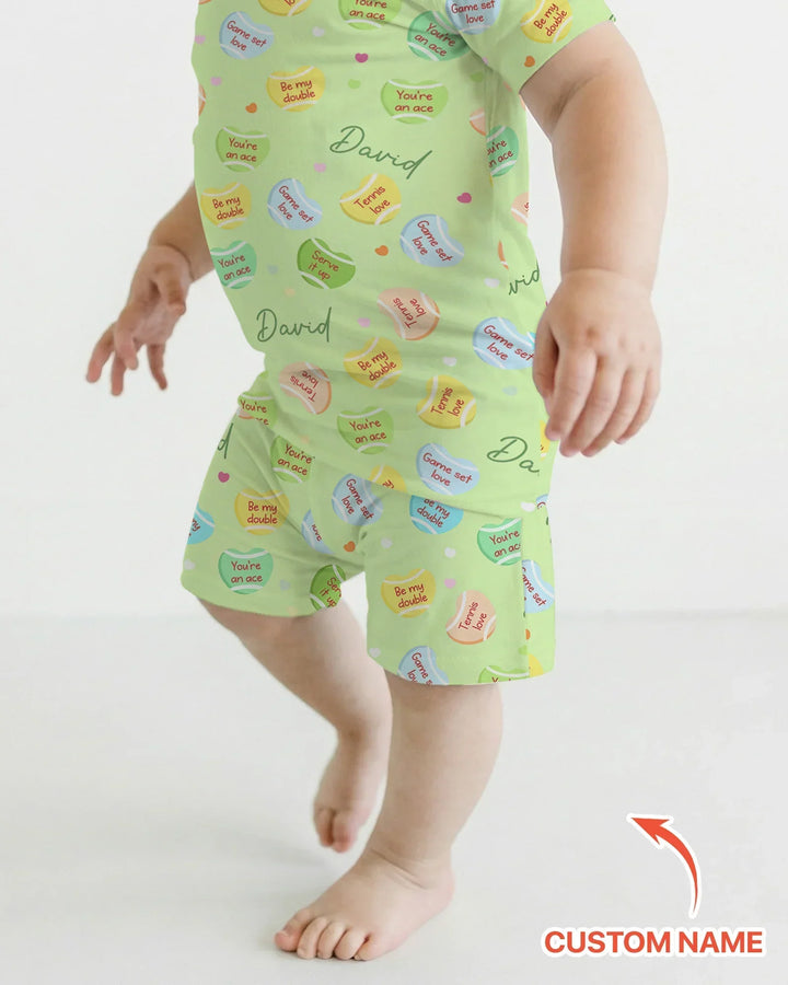Custom Name Tennis Candy Hearts Bamboo Two Piece Short Sleeve Shorts Pajama Set