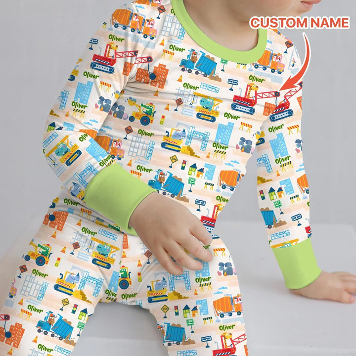 Little Builder Friends Custom Name Bamboo Two Piece Long Sleeve Pajama Set