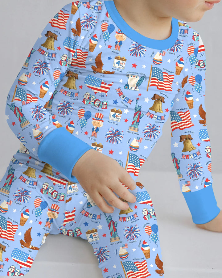Hand Drawn Patriotic Iconic Bamboo Two Piece Long Sleeve Pajama Set