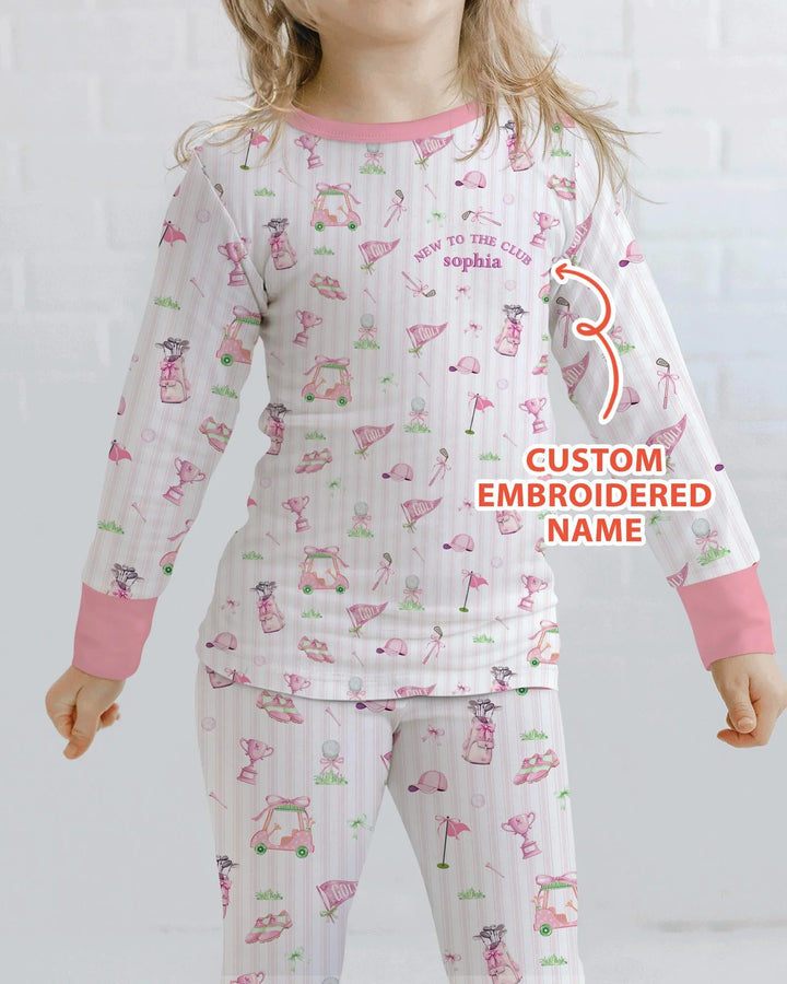 Personalized Embroidered Golf Baby Girl Bamboo Two Piece Long Sleeve Pajama Set