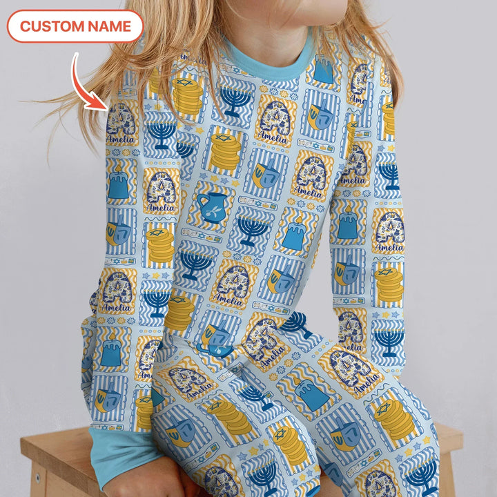 Custom Name Hanukkah Wonderland Bamboo Two Piece Long Sleeve Pajama Set