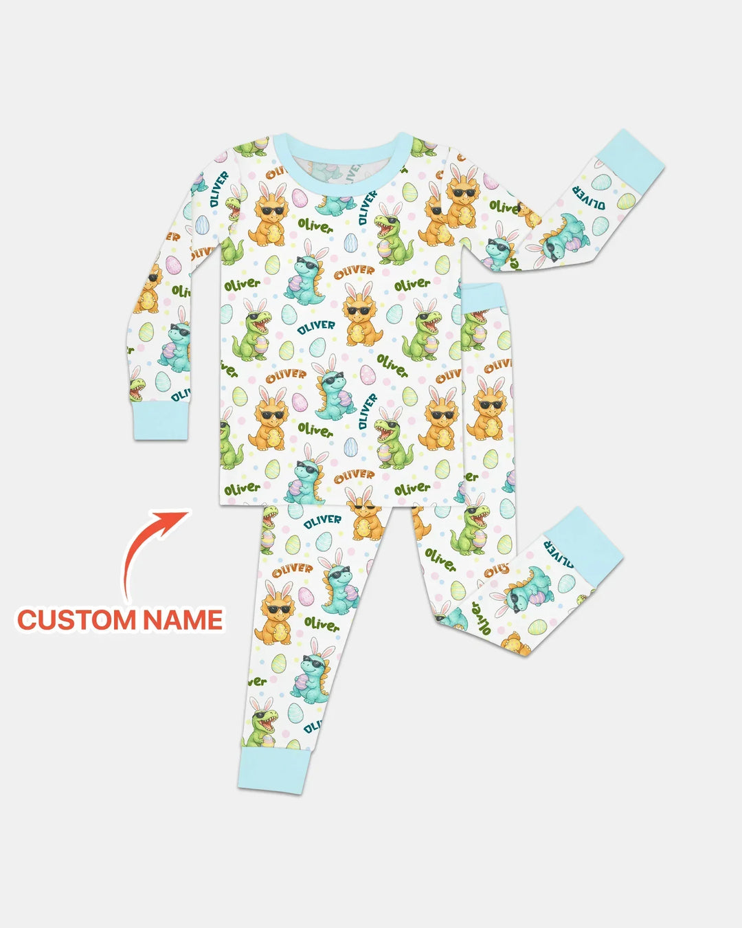 Custom Name Dinosaur on the Hunt Bamboo Two Piece Long Sleeve Pajama Set