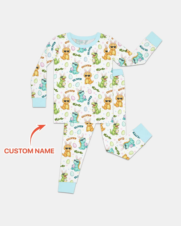 Custom Name Dinosaur on the Hunt Bamboo Two Piece Long Sleeve Pajama Set