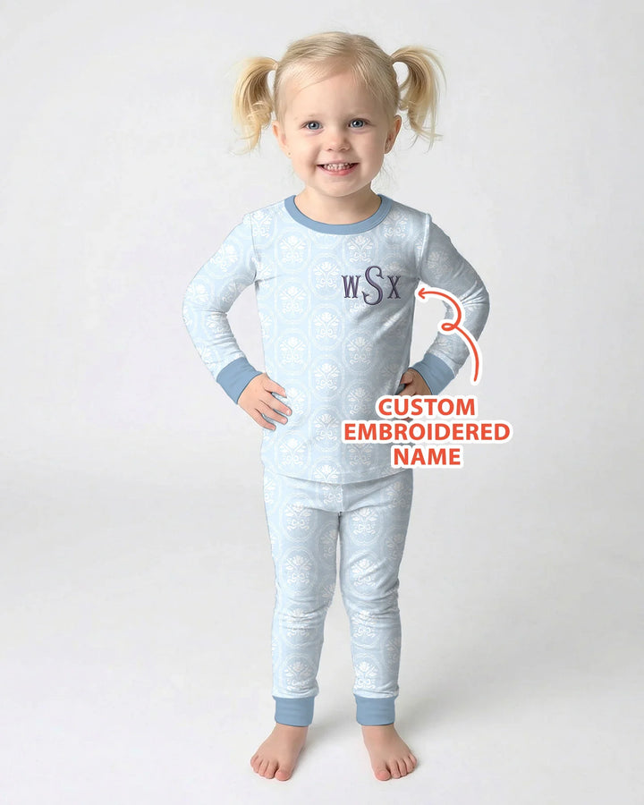Personalized Floral Embroidered Baby Bamboo Two Piece Long Sleeve Pajama Set