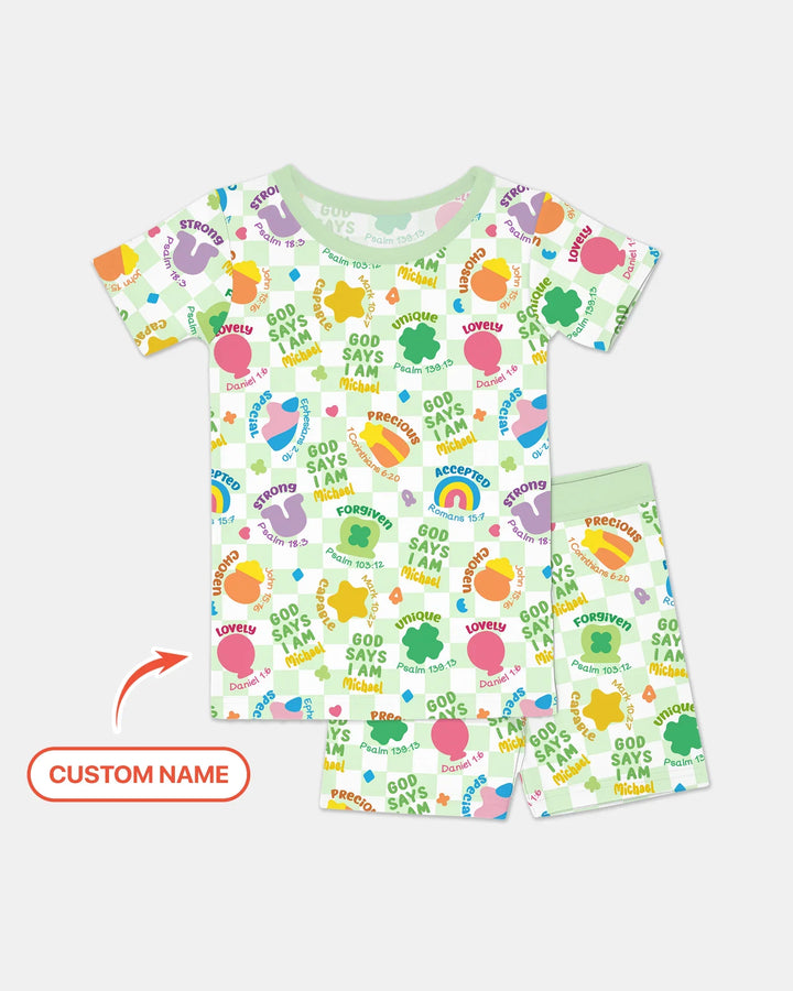 God Says I Am St. Patrick’s Day Custom Name Family Matching Bamboo Two Piece Short Sleeve Shorts Pajama Set