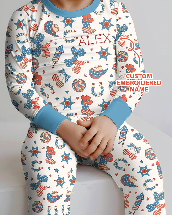 Custom Name Embroidered Howdy 4th Of July Bamboo Two Piece Long Sleeve Pajama Set