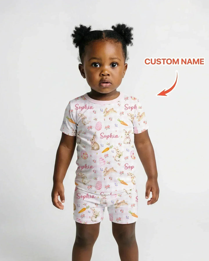 Custom Name Bunny Garden Bamboo Two Piece Short Sleeve Shorts Pajama Set