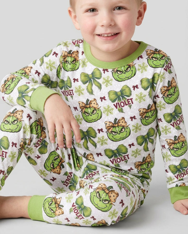 Custom Name Grumpy Green Christmas Bamboo Two Piece Long Sleeve Pajama Set