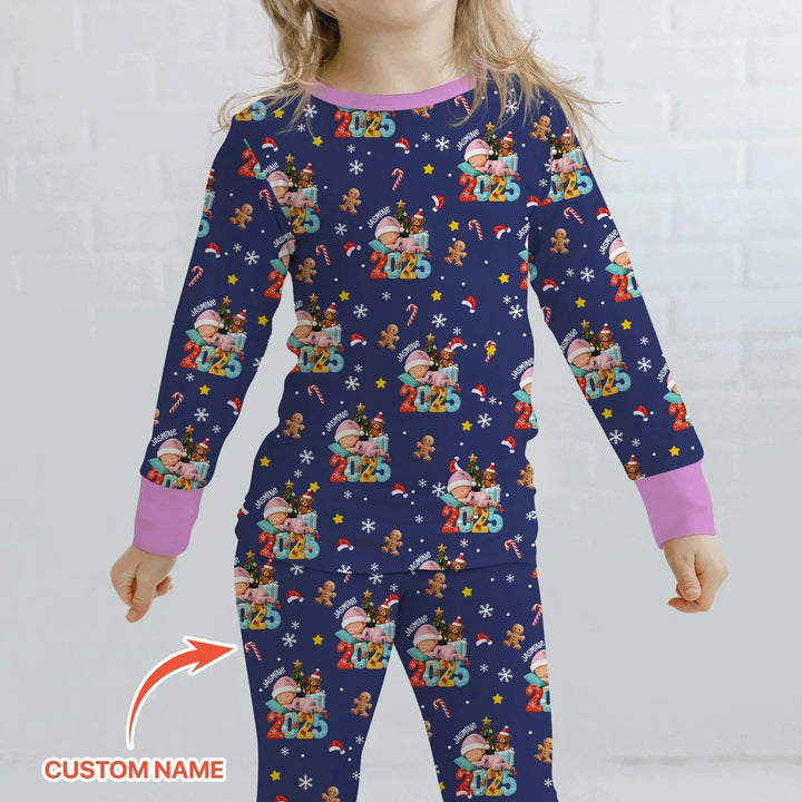 Custom Name Baby Girl's First Christmas Bamboo Two Piece Long Sleeve Pajama Set