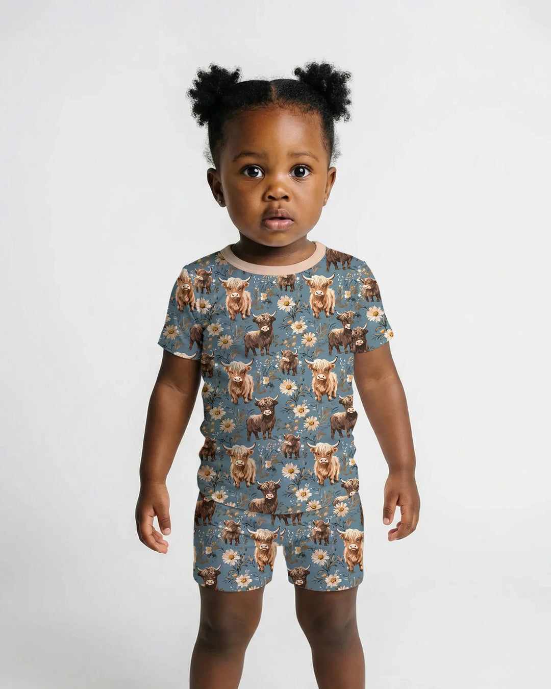 Majestic Highland Cows Family Matching Bamboo Two Piece Short Sleeve Shorts Pajama Set
