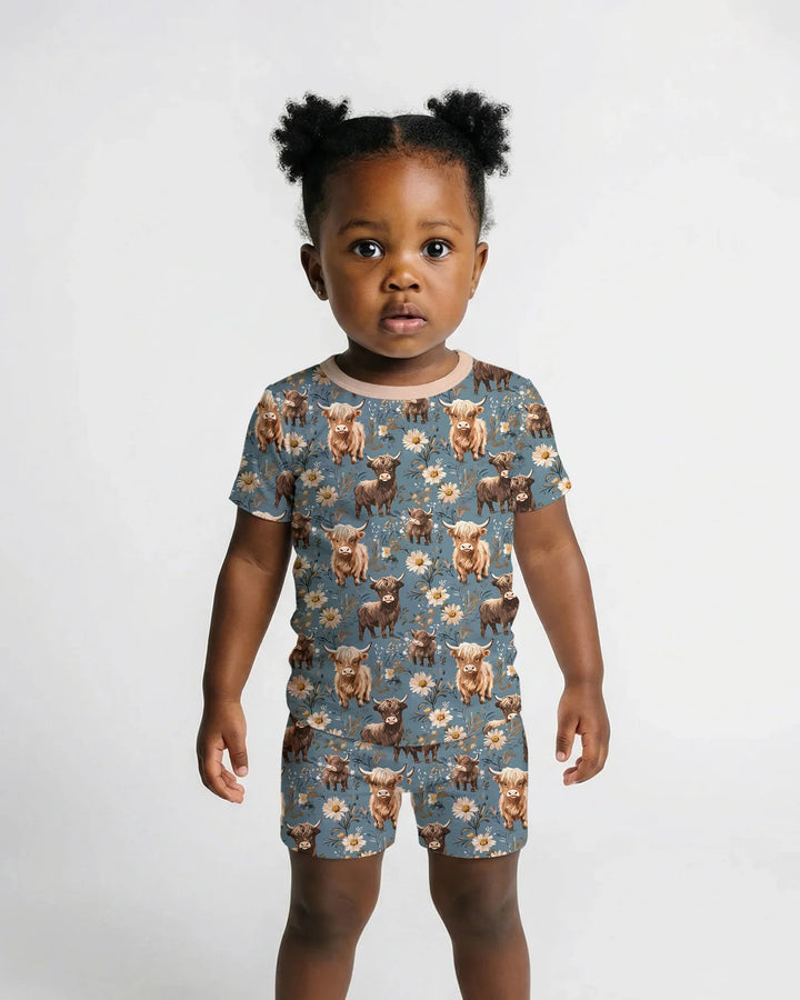 Majestic Highland Cows Family Matching Bamboo Two Piece Short Sleeve Shorts Pajama Set
