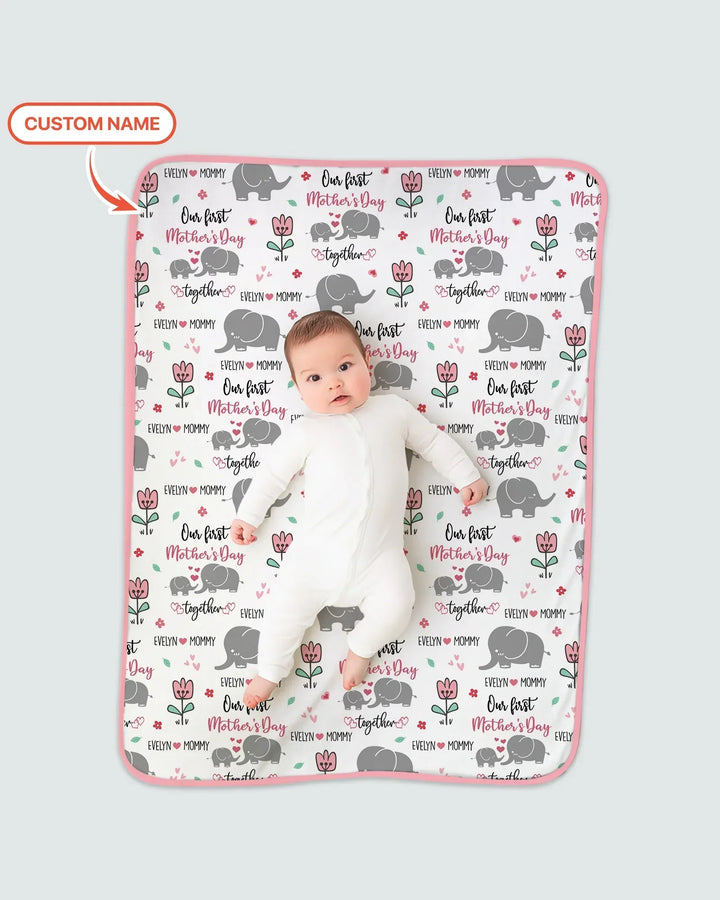 Custom Name Elephant Our First Mother's Day Bamboo Blanket