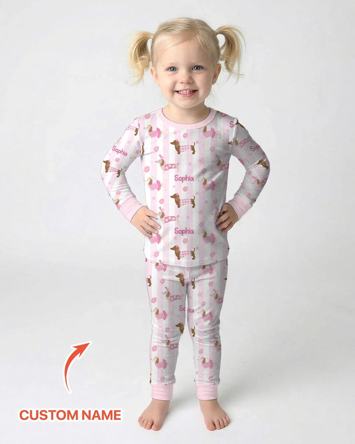 Custom Name Easter Dachshunds Family Matching Bamboo Two Piece Long Sleeve Pajama Set