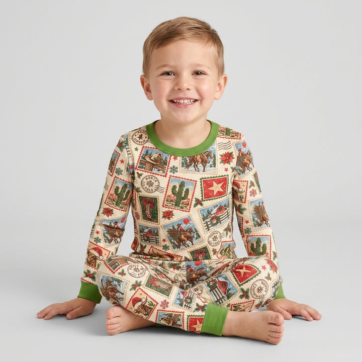 Western Christmas Stamps Bamboo Two Piece Long Sleeve Pajama Set