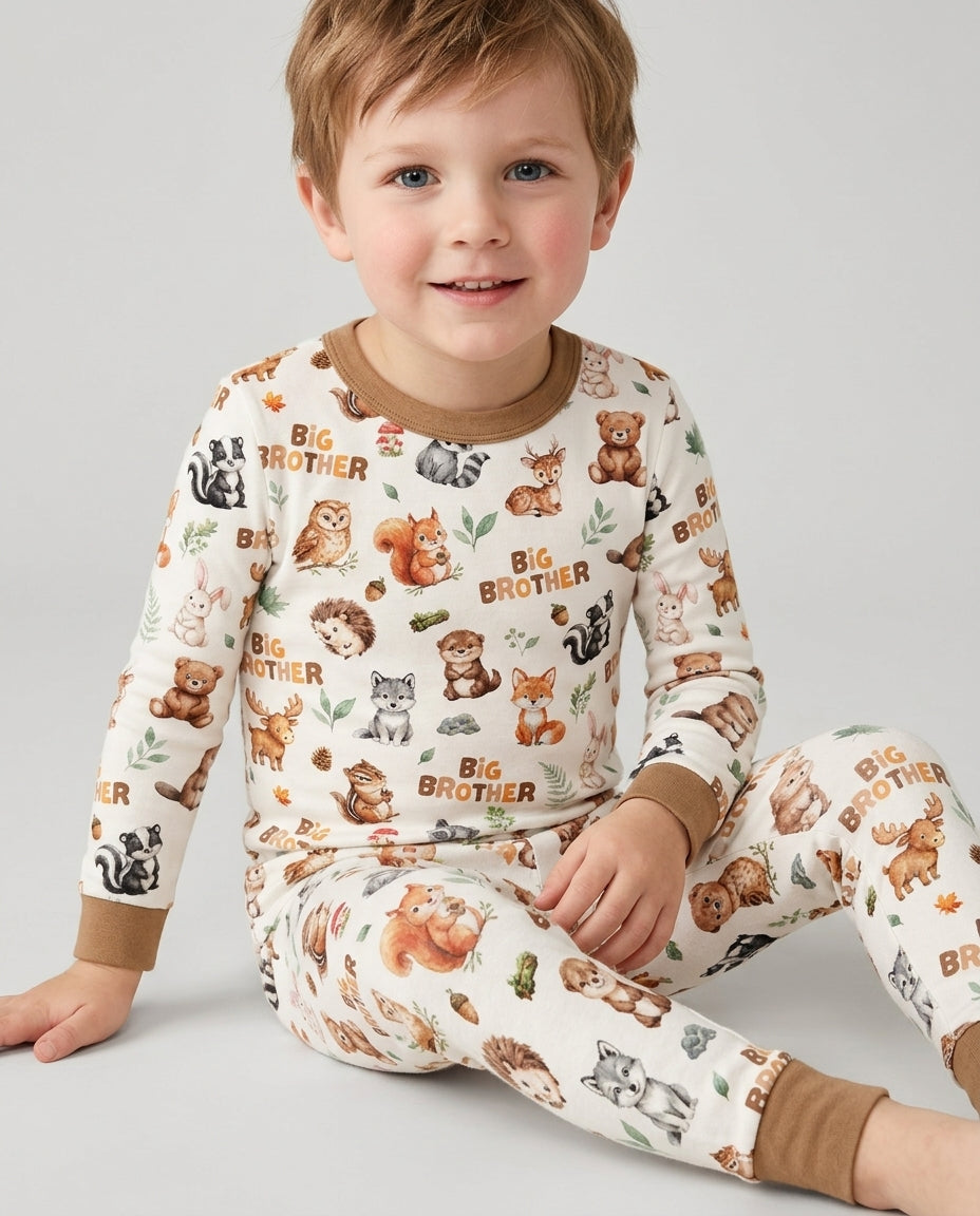 Custom Quote Woodland Animal Matching Sibling Bamboo Two Piece Long Sleeve Pajama Set
