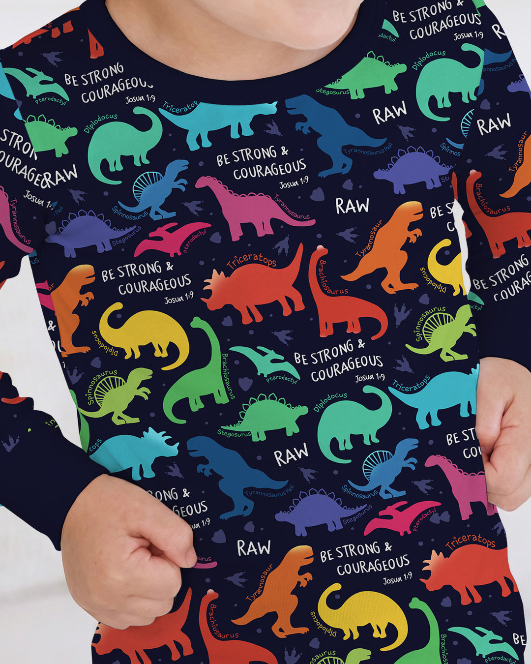 Be Strong and Courageous Dinosaur Christian Bamboo Two Piece Long Sleeve Pajama Set
