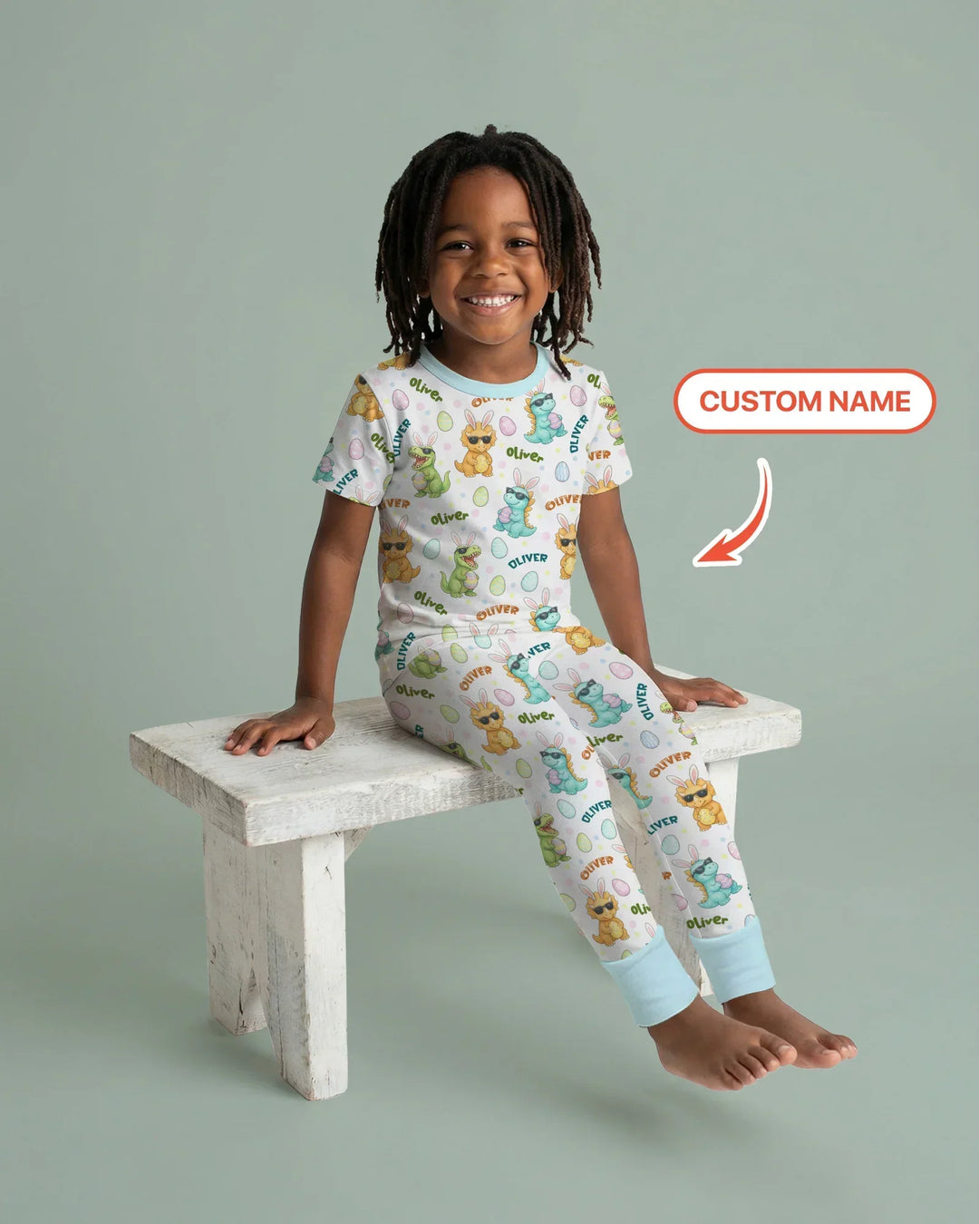 Custom Name Dinosaur on the Hunt Bamboo Two Piece Short Sleeve Pajama Set