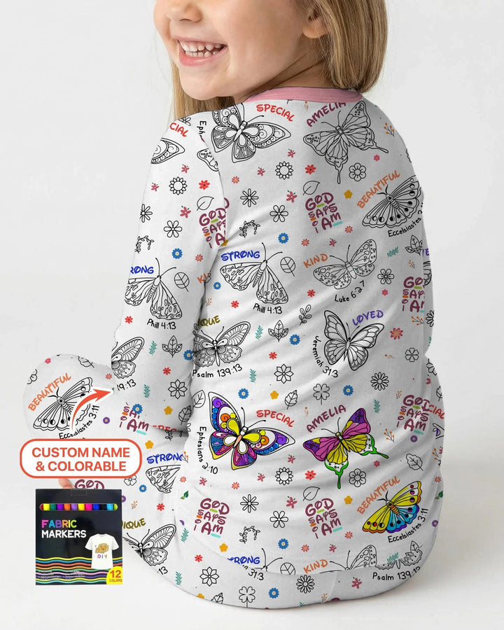 Colorable Custom Name God Says I Am Butterfly Bamboo Two Piece Long Sleeve Pajama Set