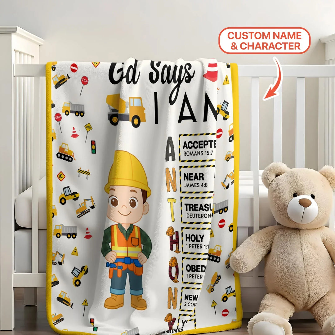 Custom Name God Says I Am Little Builder Letter in Bible Bamboo Blanket