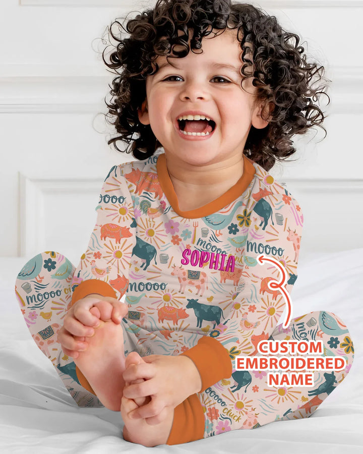Custom Name Embroidered Colorful Farm Life  Bamboo Two Piece Long Sleeve Pajama Set