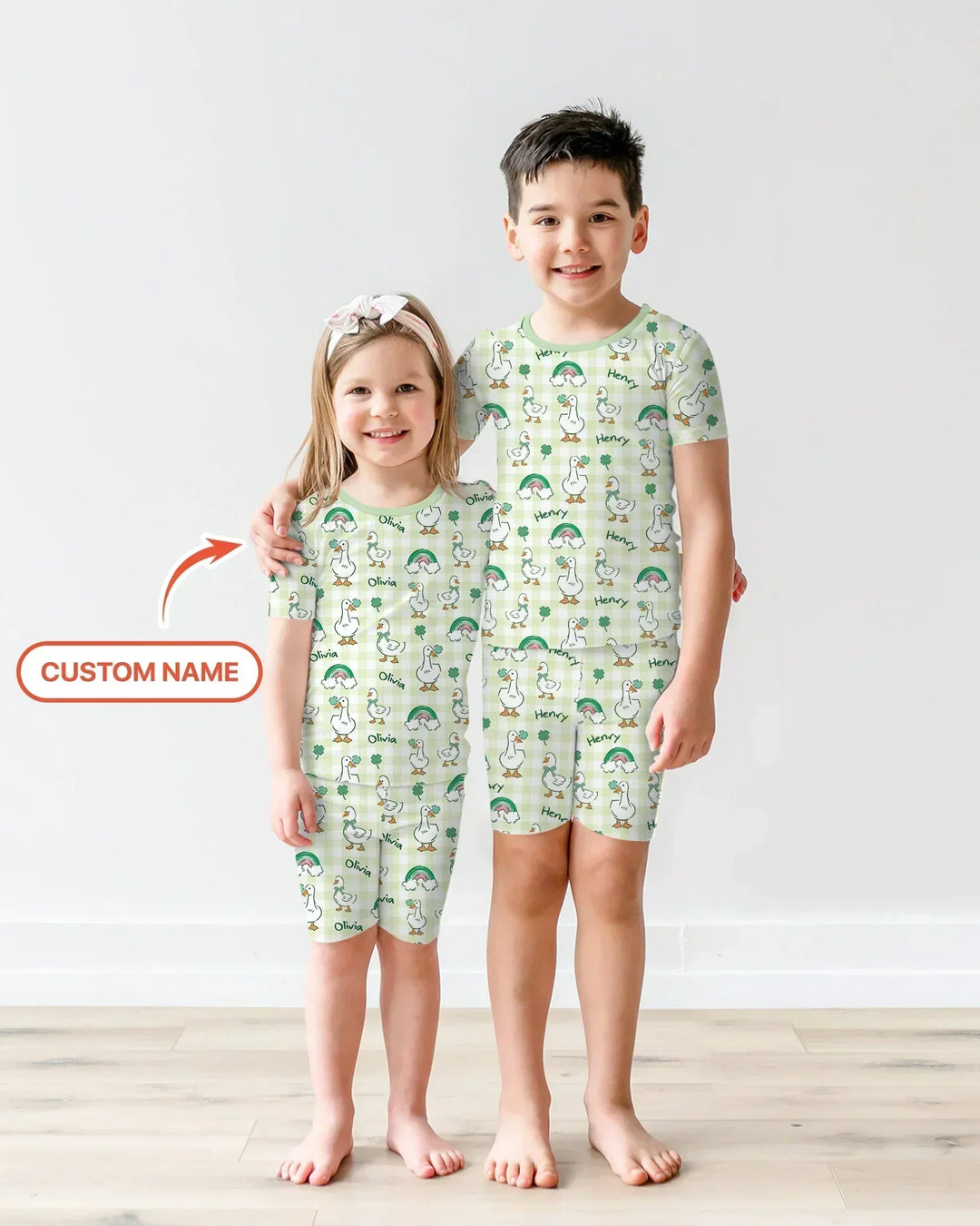 Custom Name Lucky Ducks Bamboo Two Piece Short Sleeve Shorts Pajama Set