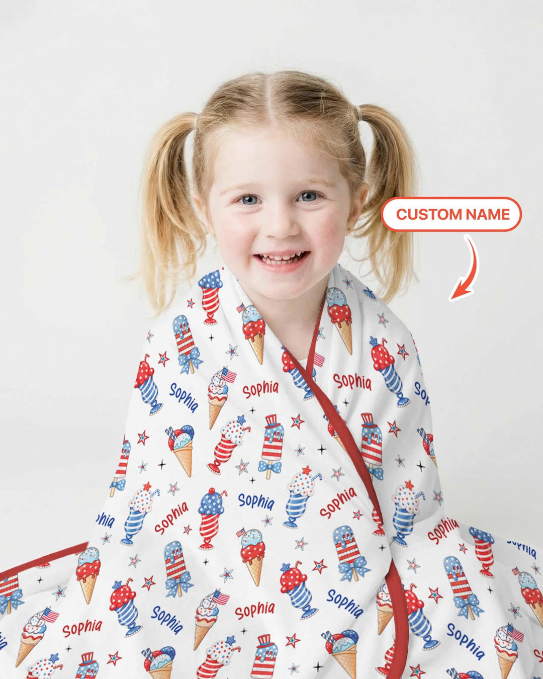 Custom Name Red, White & Ice Cream Bamboo Blanket