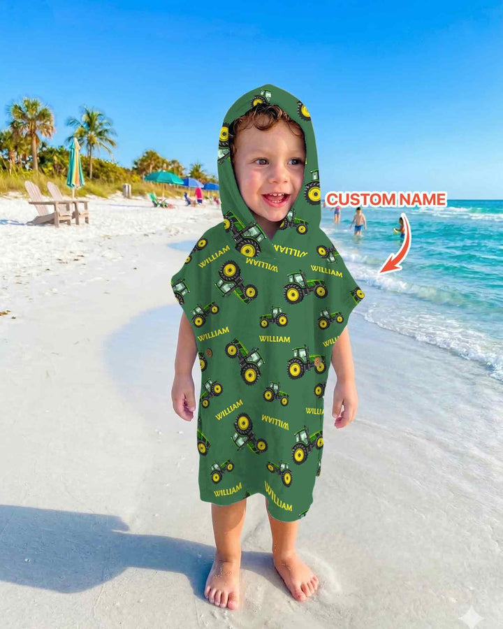 Custom Name Green Tractors Matching Daddy & Me Bamboo Swim Poncho