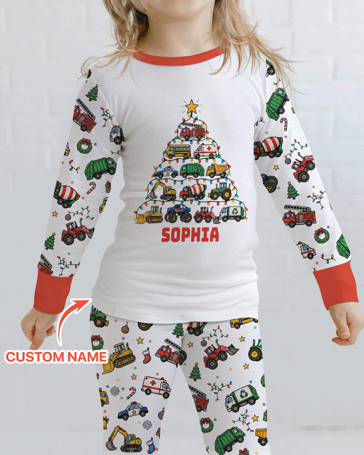 Custom Name Little Trucks Christmas Tree Bamboo Two Piece Long Sleeve Pajama Set